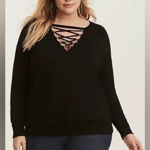 Torrid Sweater With Black Lace up Detail.